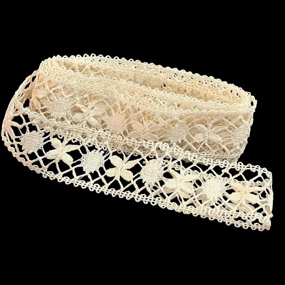 Vintage Handmade Bobbin Lace Trim Insertion Ecru Cotton 1in Wide 60in 1.6 Yards